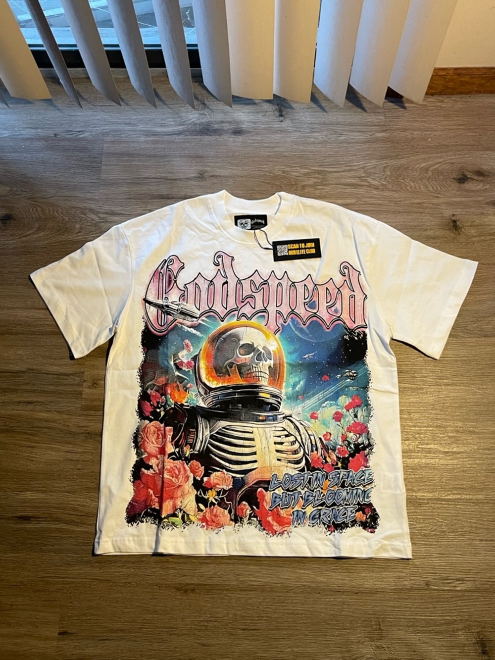 White Graphic Short Sleeve Tee with Astronaut Skull Motif